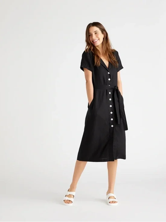 Quince 100% Linen Black Shirt Dress XL | Button Front Tie Waist 25253 - Picture 2 of 16